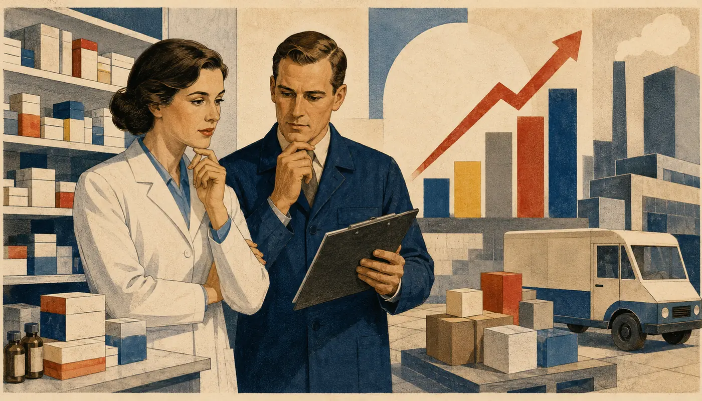 Pharma-Großhandel mit Arzneimittelbestand, Einkaufsanalyse und Lieferfahrzeug Pharma-Großhandel mit Arzneimittelbestand, Einkaufsanalyse und Lieferfahrzeug