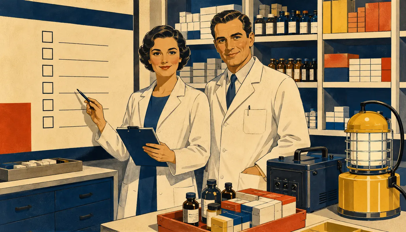 Pharmazeutisches Team mit Notfallbestand, QMS-Prüfung und resilienter Versorgung Pharmazeutisches Team mit Notfallbestand, QMS-Prüfung und resilienter Versorgung