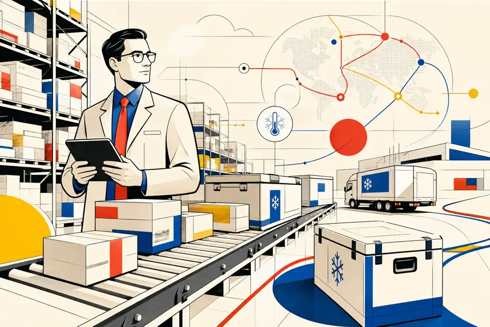 Pharmaceutical logistics manager in a modern warehouse with conveyors and temperature control Pharmaceutical logistics manager in a modern warehouse with conveyors and temperature control