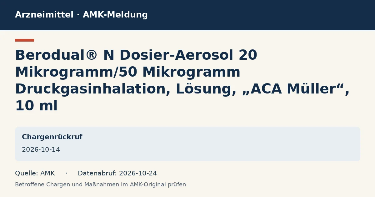 Berodual® N Dosier-Aerosol 20 Mikrogramm/50 Mikrogramm Druckgasinhalation, Lösung, „ACA Müller“, 10 ml: Datenkarte zur AMK-Meldung vom 2026-10-14 Berodual® N Dosier-Aerosol 20 Mikrogramm/50 Mikrogramm Druckgasinhalation, Lösung, „ACA Müller“, 10 ml: Datenkarte zur AMK-Meldung vom 2026-10-14