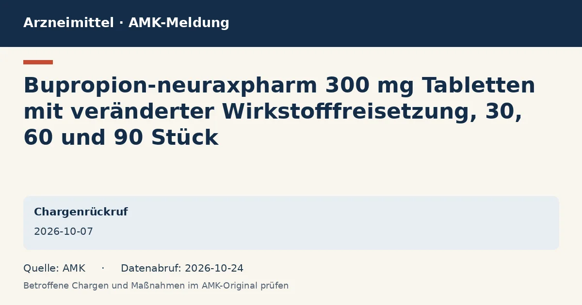 Bupropion-neuraxpharm 300 mg Tabletten mit veränderter Wirkstofffreisetzung, 30, 60 und 90 Stück: Datenkarte zur AMK-Meldung vom 2026-10-07 Bupropion-neuraxpharm 300 mg Tabletten mit veränderter Wirkstofffreisetzung, 30, 60 und 90 Stück: Datenkarte zur AMK-Meldung vom 2026-10-07
