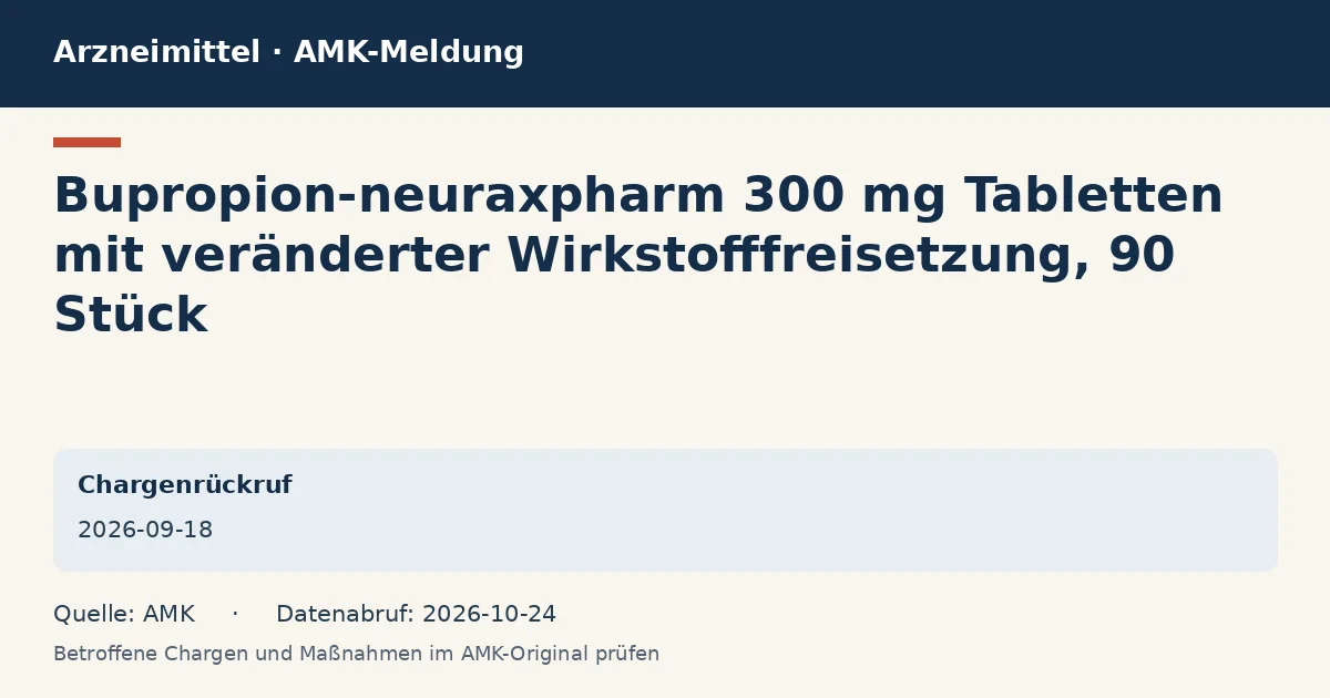 Bupropion-neuraxpharm 300 mg Tabletten mit veränderter Wirkstofffreisetzung, 90 Stück: Datenkarte zur AMK-Meldung vom 2026-09-18 Bupropion-neuraxpharm 300 mg Tabletten mit veränderter Wirkstofffreisetzung, 90 Stück: Datenkarte zur AMK-Meldung vom 2026-09-18