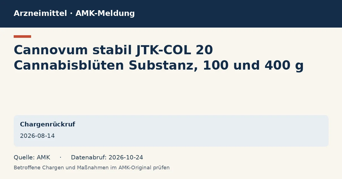 Cannovum stabil JTK-COL 20 Cannabisblüten Substanz, 100 und 400 g: Datenkarte zur AMK-Meldung vom 2026-08-14 Cannovum stabil JTK-COL 20 Cannabisblüten Substanz, 100 und 400 g: Datenkarte zur AMK-Meldung vom 2026-08-14