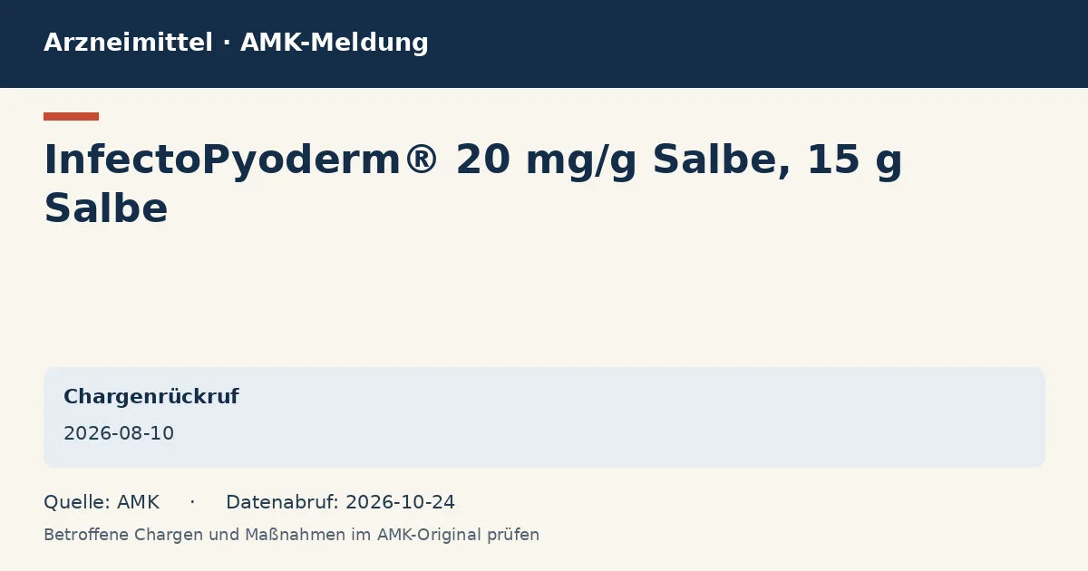 InfectoPyoderm® 20 mg/g Salbe, 15 g Salbe: Datenkarte zur AMK-Meldung vom 2026-08-10 InfectoPyoderm® 20 mg/g Salbe, 15 g Salbe: Datenkarte zur AMK-Meldung vom 2026-08-10