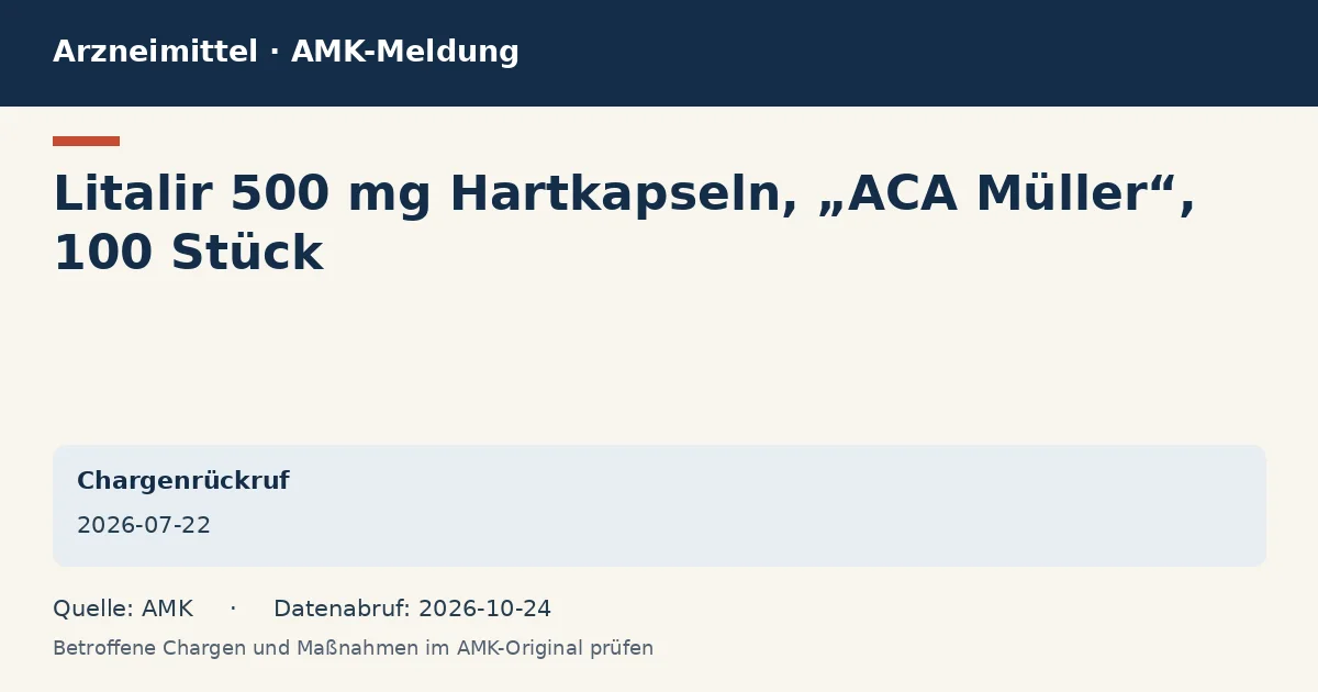 Litalir 500 mg Hartkapseln, „ACA Müller“, 100 Stück: Datenkarte zur AMK-Meldung vom 2026-07-22 Litalir 500 mg Hartkapseln, „ACA Müller“, 100 Stück: Datenkarte zur AMK-Meldung vom 2026-07-22