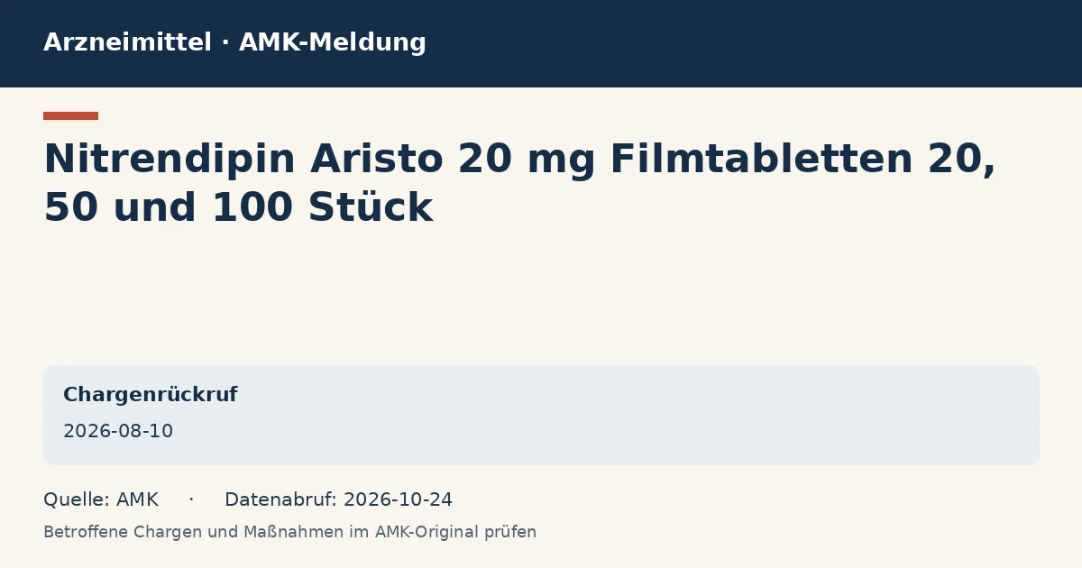Nitrendipin Aristo 20 mg Filmtabletten 20, 50 und 100 Stück: Datenkarte zur AMK-Meldung vom 2026-08-10 Nitrendipin Aristo 20 mg Filmtabletten 20, 50 und 100 Stück: Datenkarte zur AMK-Meldung vom 2026-08-10