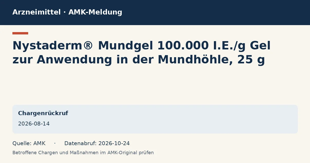 Nystaderm® Mundgel 100.000 I.E./g Gel zur Anwendung in der Mundhöhle, 25 g: Datenkarte zur AMK-Meldung vom 2026-08-14 Nystaderm® Mundgel 100.000 I.E./g Gel zur Anwendung in der Mundhöhle, 25 g: Datenkarte zur AMK-Meldung vom 2026-08-14