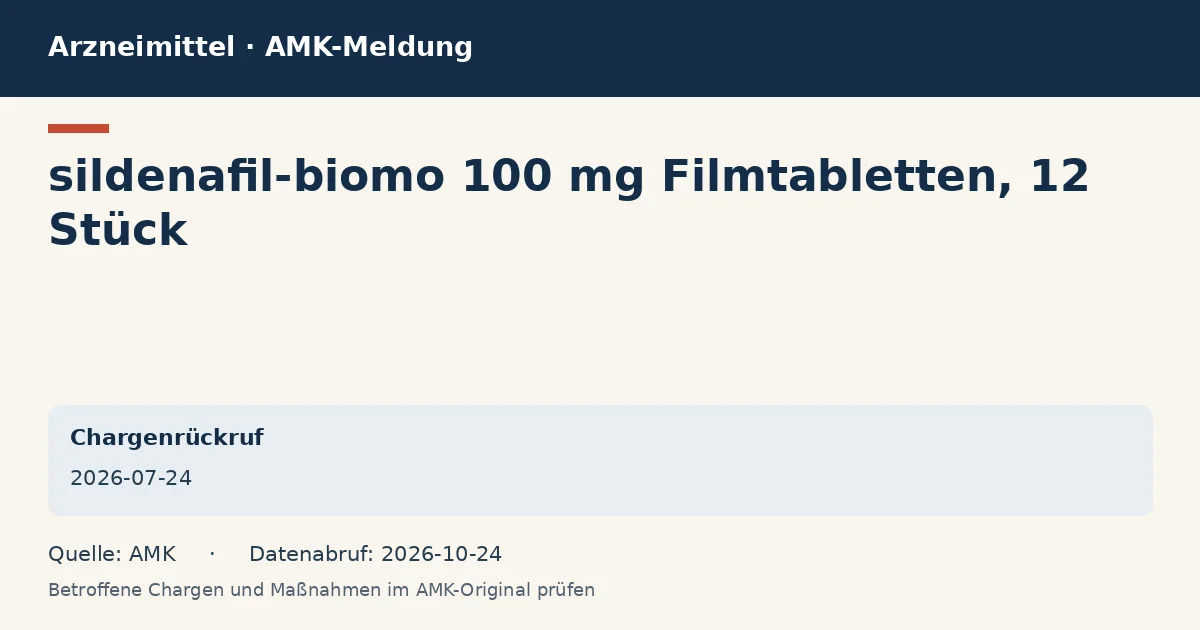 sildenafil-biomo 100 mg Filmtabletten, 12 Stück: Datenkarte zur AMK-Meldung vom 2026-07-24 sildenafil-biomo 100 mg Filmtabletten, 12 Stück: Datenkarte zur AMK-Meldung vom 2026-07-24