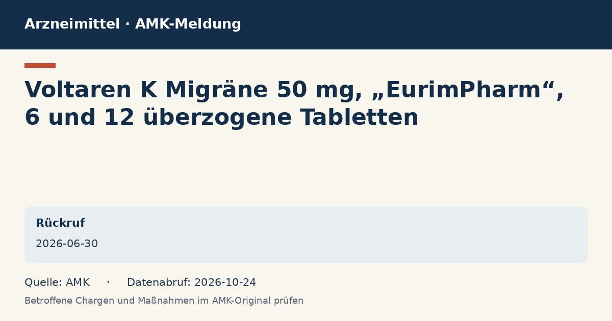 Voltaren K Migräne 50 mg, „EurimPharm“, 6 und 12 überzogene Tabletten: Datenkarte zur AMK-Meldung vom 2026-06-30 Voltaren K Migräne 50 mg, „EurimPharm“, 6 und 12 überzogene Tabletten: Datenkarte zur AMK-Meldung vom 2026-06-30