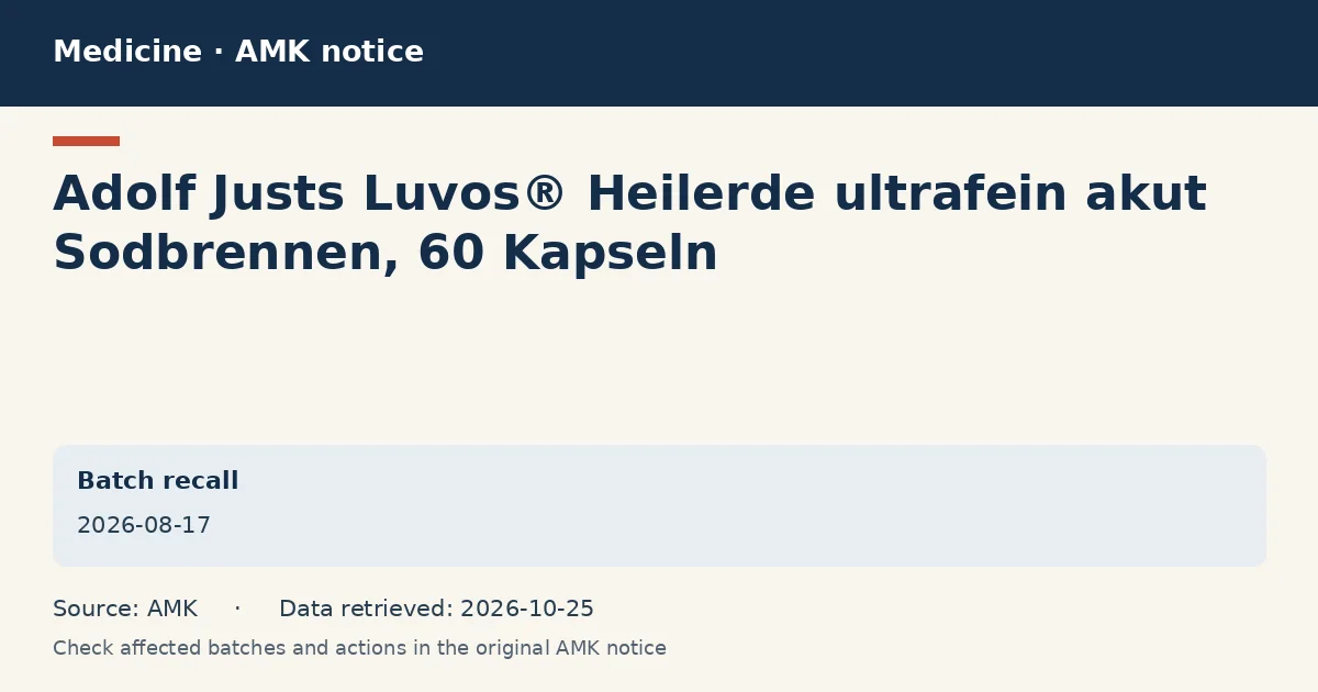 Adolf Justs Luvos® Heilerde ultrafein akut Sodbrennen, 60 Kapseln: AMK notice data card dated 2026-08-17 Adolf Justs Luvos® Heilerde ultrafein akut Sodbrennen, 60 Kapseln: AMK notice data card dated 2026-08-17