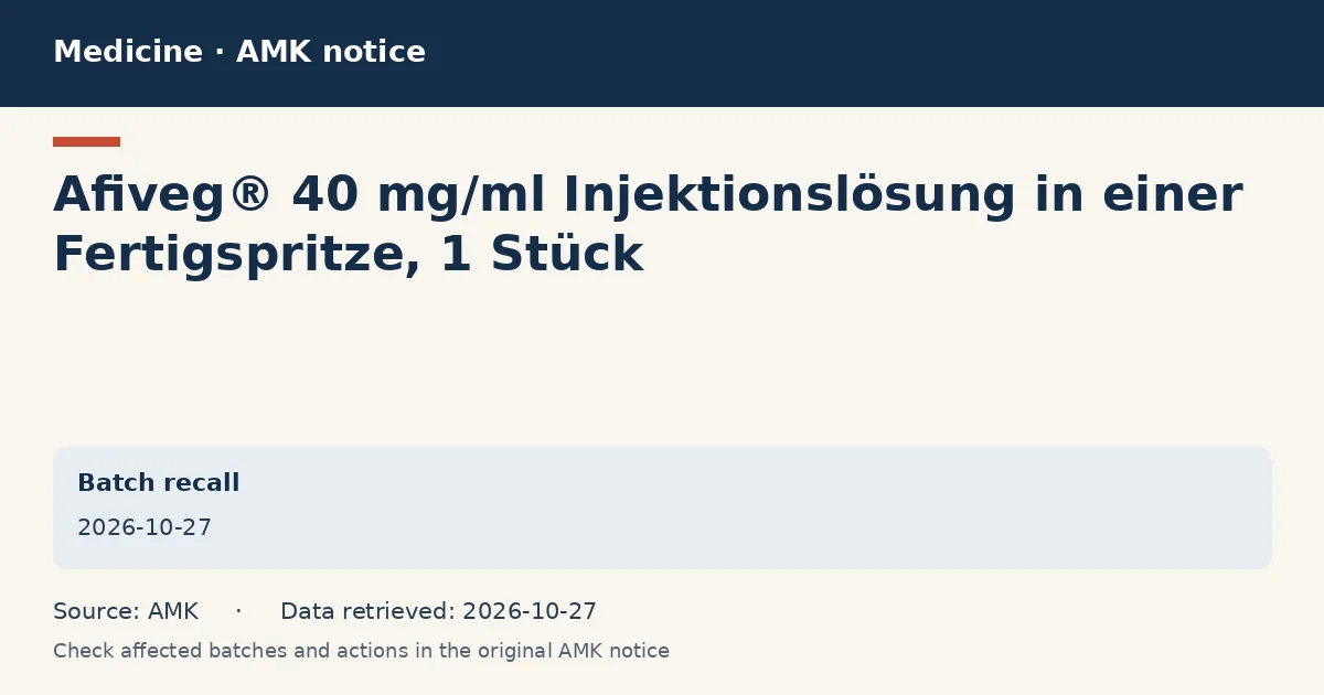 Afiveg® 40 mg/ml Injektionslösung in einer Fertigspritze, 1 Stück: AMK notice data card dated 2026-10-27 Afiveg® 40 mg/ml Injektionslösung in einer Fertigspritze, 1 Stück: AMK notice data card dated 2026-10-27