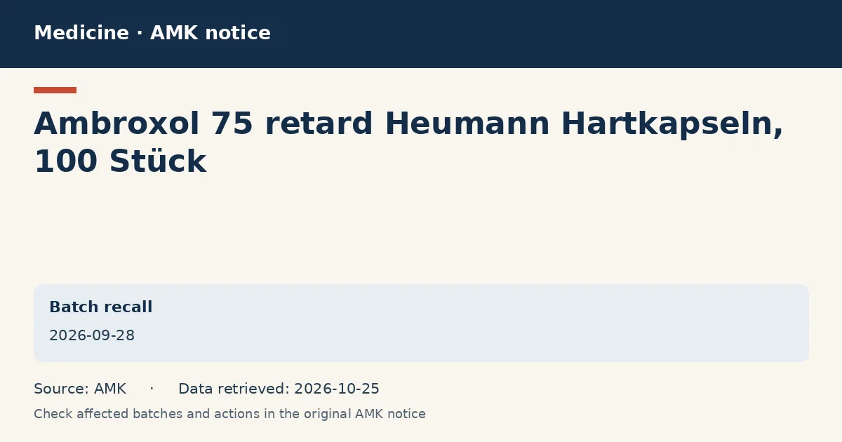 Ambroxol 75 retard Heumann Hartkapseln, 100 Stück: AMK notice data card dated 2026-09-28 Ambroxol 75 retard Heumann Hartkapseln, 100 Stück: AMK notice data card dated 2026-09-28