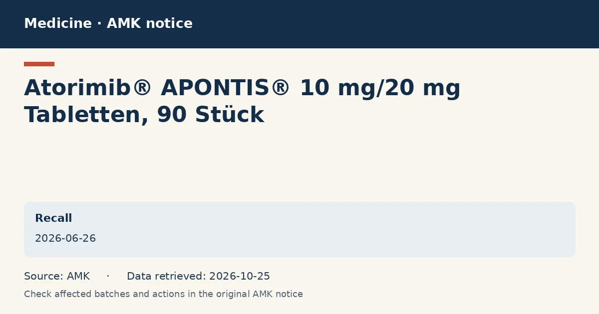 Atorimib® APONTIS® 10 mg/20 mg Tabletten, 90 Stück: AMK notice data card dated 2026-06-26
