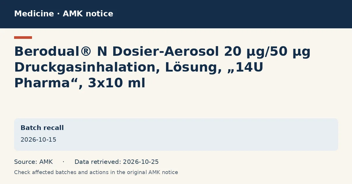 Berodual® N Dosier-Aerosol 20 µg/50 µg Druckgasinhalation, Lösung, „14U Pharma“, 3x10 ml: AMK notice data card dated 2026-10-15 Berodual® N Dosier-Aerosol 20 µg/50 µg Druckgasinhalation, Lösung, „14U Pharma“, 3x10 ml: AMK notice data card dated 2026-10-15