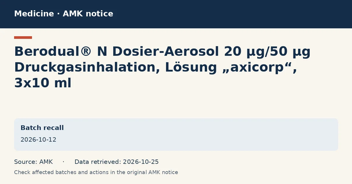 Berodual® N Dosier-Aerosol 20 µg/50 µg Druckgasinhalation, Lösung „axicorp“, 3x10 ml: AMK notice data card dated 2026-10-12 Berodual® N Dosier-Aerosol 20 µg/50 µg Druckgasinhalation, Lösung „axicorp“, 3x10 ml: AMK notice data card dated 2026-10-12