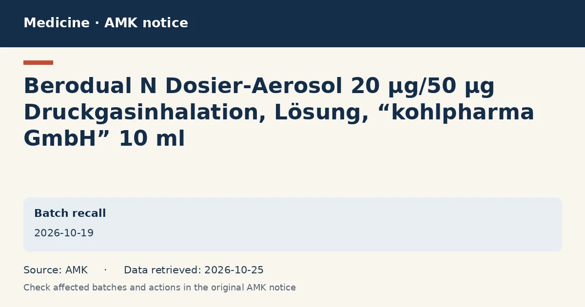 Berodual N Dosier-Aerosol 20 µg/50 µg Druckgasinhalation, Lösung, “kohlpharma GmbH” 10 ml: AMK notice data card dated 2026-10-19 Berodual N Dosier-Aerosol 20 µg/50 µg Druckgasinhalation, Lösung, “kohlpharma GmbH” 10 ml: AMK notice data card dated 2026-10-19