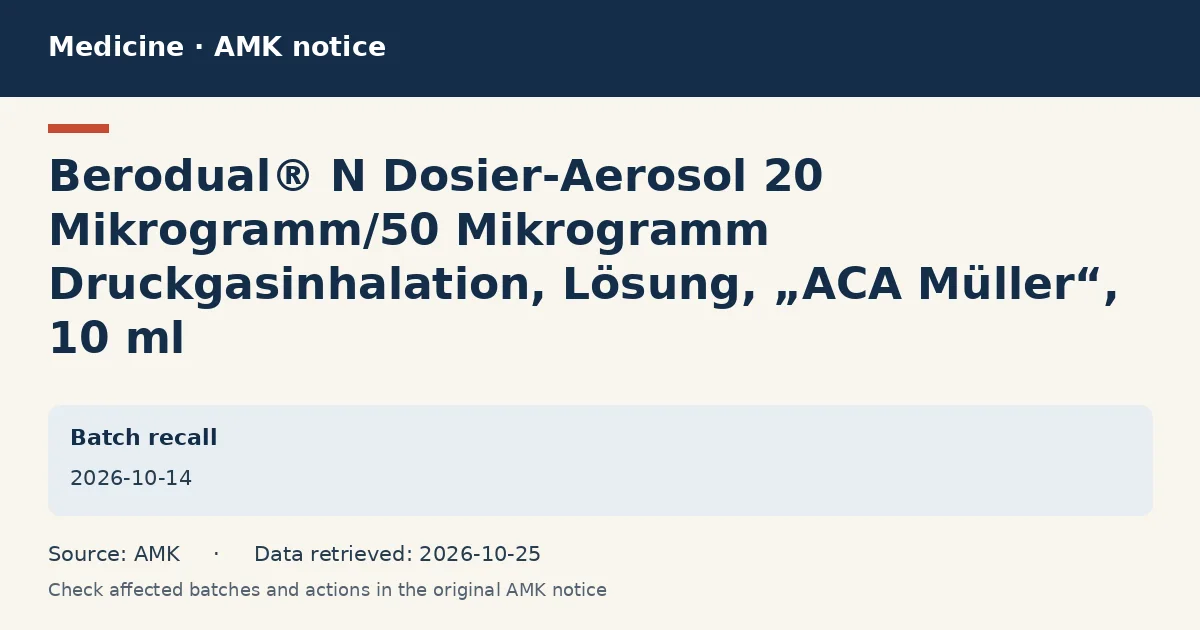 Berodual® N Dosier-Aerosol 20 Mikrogramm/50 Mikrogramm Druckgasinhalation, Lösung, „ACA Müller“, 10 ml: AMK notice data card dated 2026-10-14 Berodual® N Dosier-Aerosol 20 Mikrogramm/50 Mikrogramm Druckgasinhalation, Lösung, „ACA Müller“, 10 ml: AMK notice data card dated 2026-10-14