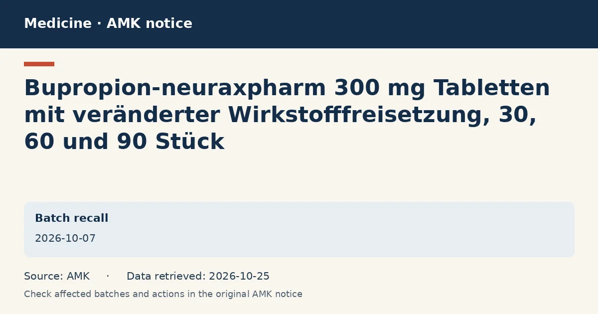 Bupropion-neuraxpharm 300 mg Tabletten mit veränderter Wirkstofffreisetzung, 30, 60 und 90 Stück: AMK notice data card dated 2026-10-07 Bupropion-neuraxpharm 300 mg Tabletten mit veränderter Wirkstofffreisetzung, 30, 60 und 90 Stück: AMK notice data card dated 2026-10-07