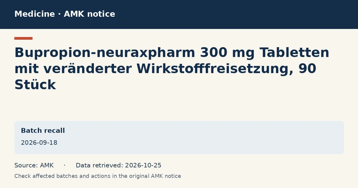 Bupropion-neuraxpharm 300 mg Tabletten mit veränderter Wirkstofffreisetzung, 90 Stück: AMK notice data card dated 2026-09-18 Bupropion-neuraxpharm 300 mg Tabletten mit veränderter Wirkstofffreisetzung, 90 Stück: AMK notice data card dated 2026-09-18