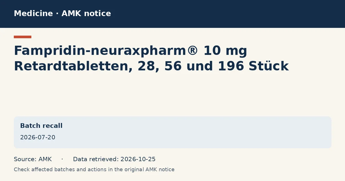 Fampridin-neuraxpharm® 10 mg Retardtabletten, 28, 56 und 196 Stück: AMK notice data card dated 2026-07-20 Fampridin-neuraxpharm® 10 mg Retardtabletten, 28, 56 und 196 Stück: AMK notice data card dated 2026-07-20