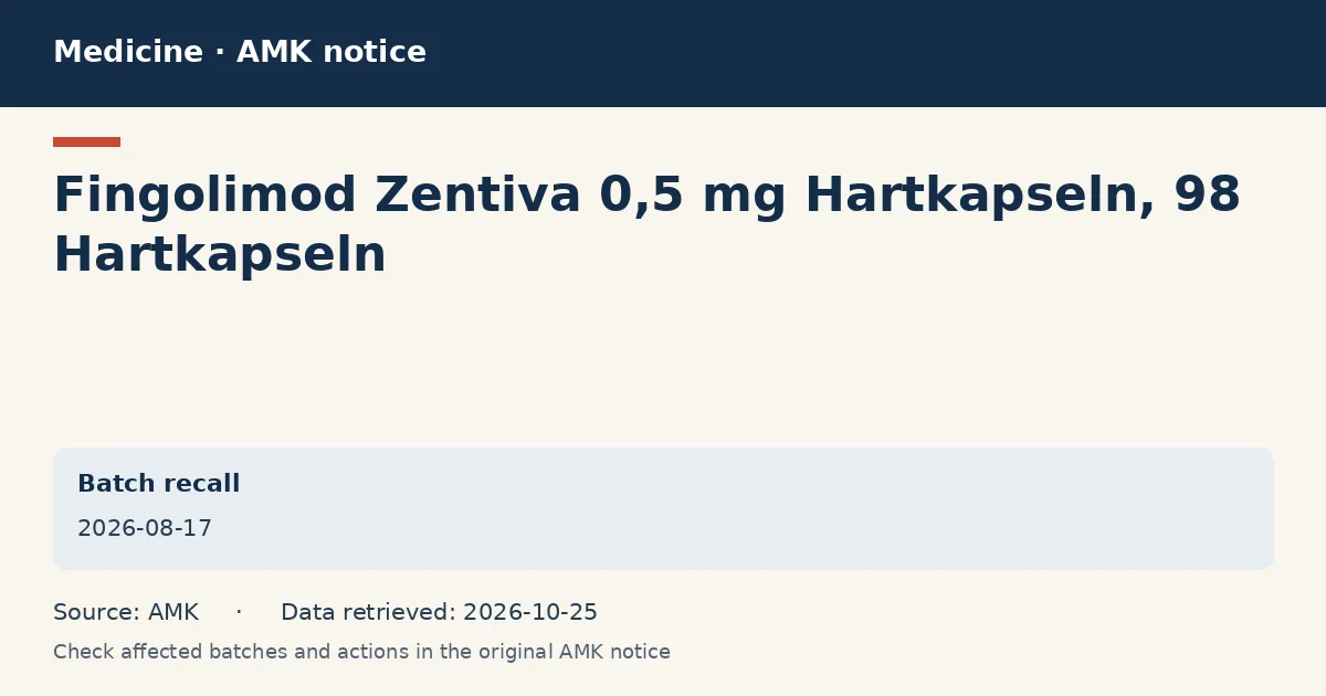 Fingolimod Zentiva 0,5 mg Hartkapseln, 98 Hartkapseln: AMK notice data card dated 2026-08-17 Fingolimod Zentiva 0,5 mg Hartkapseln, 98 Hartkapseln: AMK notice data card dated 2026-08-17