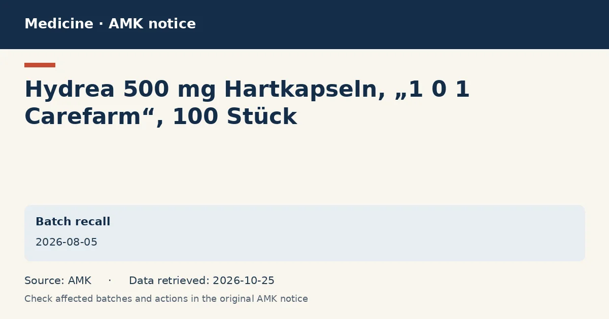 Hydrea 500 mg Hartkapseln, „1 0 1 Carefarm“, 100 Stück: AMK notice data card dated 2026-08-05 Hydrea 500 mg Hartkapseln, „1 0 1 Carefarm“, 100 Stück: AMK notice data card dated 2026-08-05