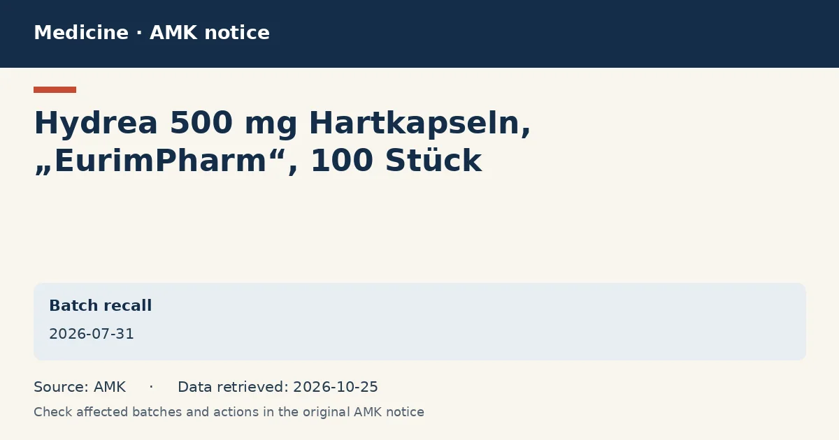 Hydrea 500 mg Hartkapseln, „EurimPharm“, 100 Stück: AMK notice data card dated 2026-07-31 Hydrea 500 mg Hartkapseln, „EurimPharm“, 100 Stück: AMK notice data card dated 2026-07-31