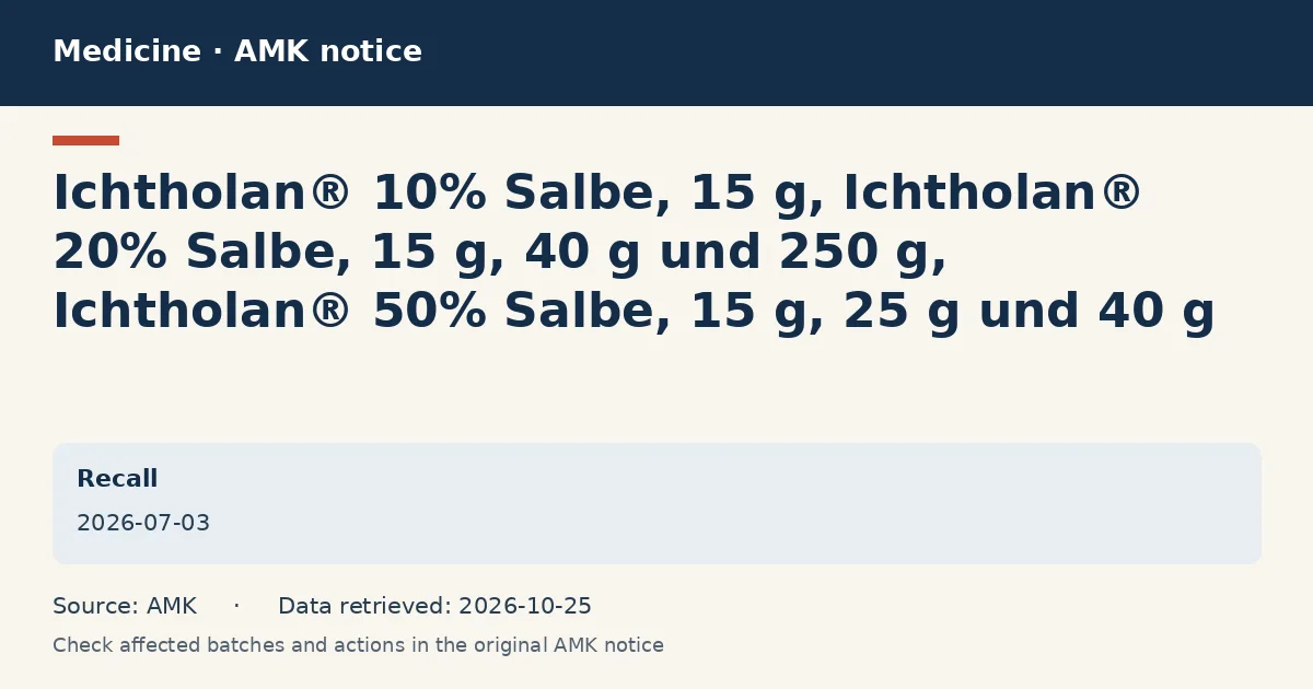Ichtholan® 10% Salbe, 15 g, Ichtholan® 20% Salbe, 15 g, 40 g und 250 g, Ichtholan® 50% Salbe, 15 g, 25 g und 40 g: AMK notice data card dated 2026-07-03