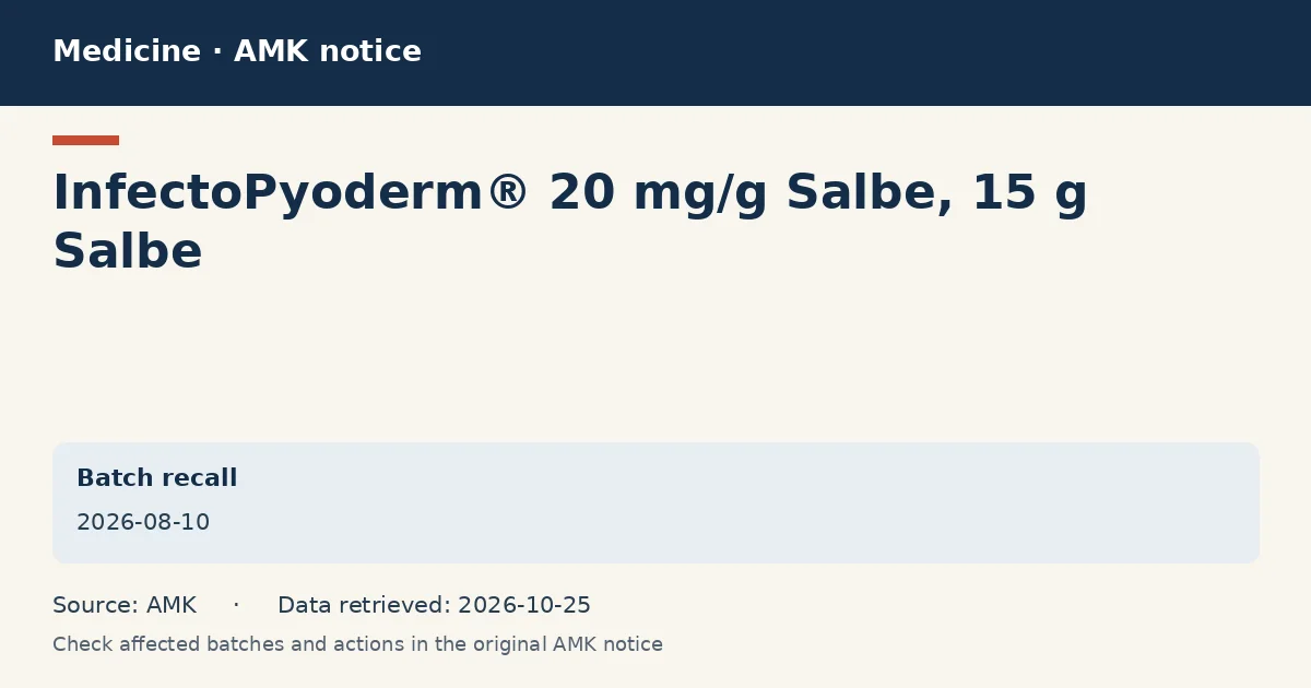 InfectoPyoderm® 20 mg/g Salbe, 15 g Salbe: AMK notice data card dated 2026-08-10 InfectoPyoderm® 20 mg/g Salbe, 15 g Salbe: AMK notice data card dated 2026-08-10