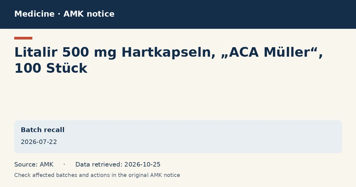 Litalir 500 mg Hartkapseln, „ACA Müller“, 100 Stück: AMK notice data card dated 2026-07-22 Litalir 500 mg Hartkapseln, „ACA Müller“, 100 Stück: AMK notice data card dated 2026-07-22