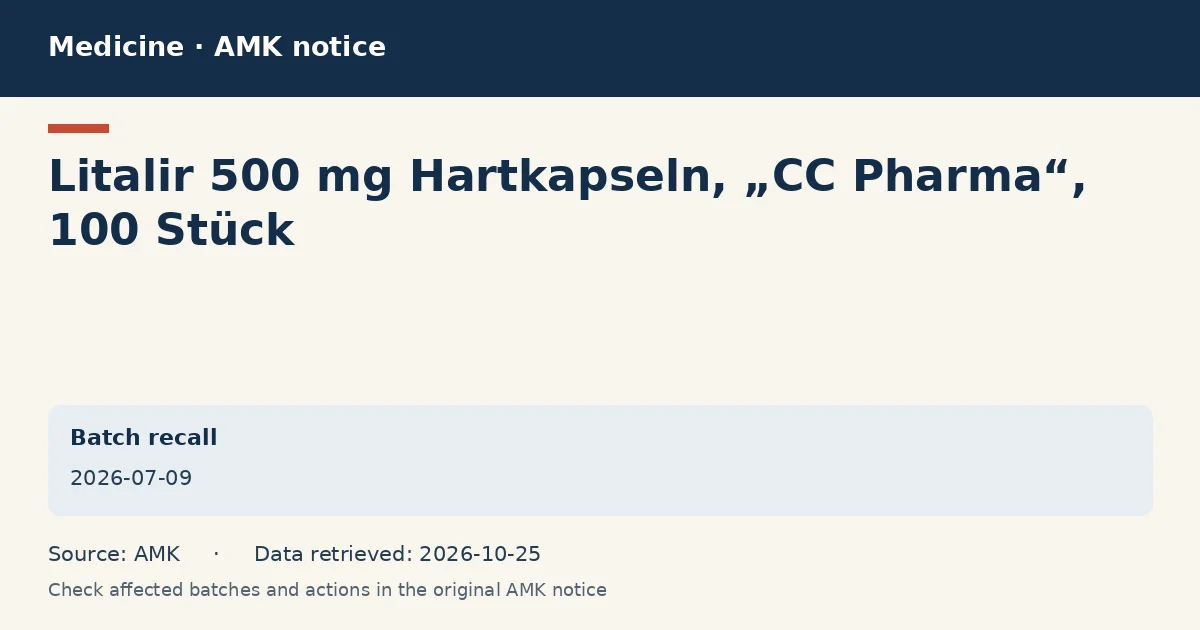 Litalir 500 mg Hartkapseln, „CC Pharma“, 100 Stück: AMK notice data card dated 2026-07-09 Litalir 500 mg Hartkapseln, „CC Pharma“, 100 Stück: AMK notice data card dated 2026-07-09
