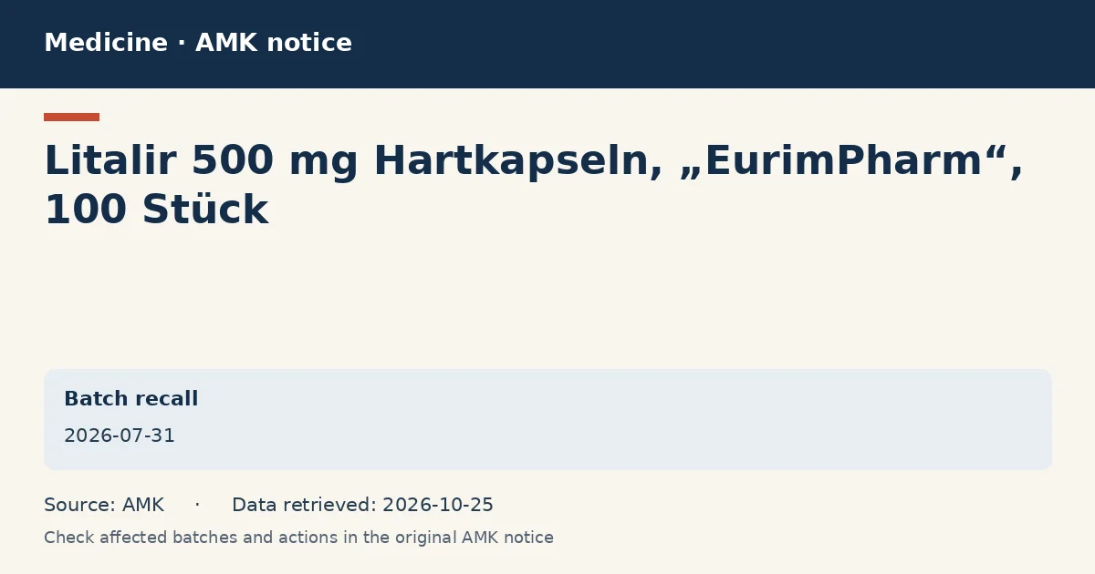 Litalir 500 mg Hartkapseln, „EurimPharm“, 100 Stück: AMK notice data card dated 2026-07-31 Litalir 500 mg Hartkapseln, „EurimPharm“, 100 Stück: AMK notice data card dated 2026-07-31