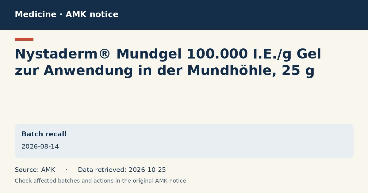 Nystaderm® Mundgel 100.000 I.E./g Gel zur Anwendung in der Mundhöhle, 25 g: AMK notice data card dated 2026-08-14 Nystaderm® Mundgel 100.000 I.E./g Gel zur Anwendung in der Mundhöhle, 25 g: AMK notice data card dated 2026-08-14