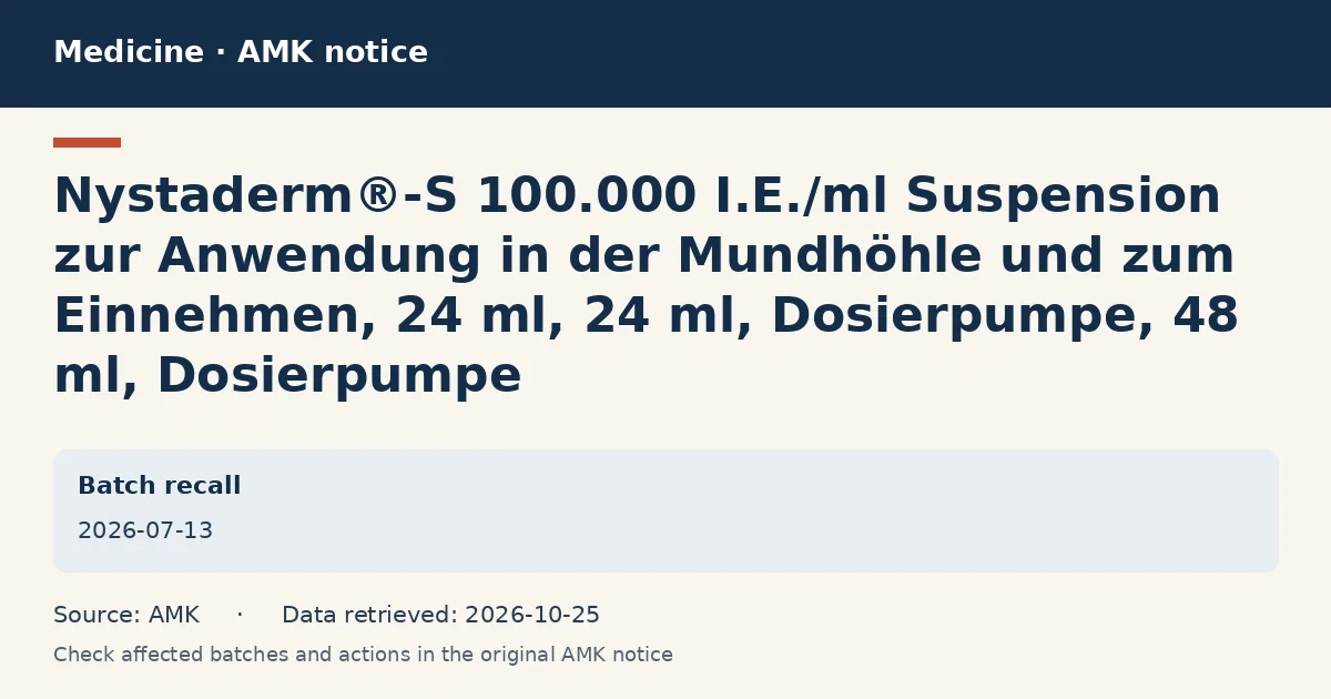 Nystaderm®-S 100.000 I.E./ml Suspension zur Anwendung in der Mundhöhle und zum Einnehmen, 24 ml, 24 ml, Dosierpumpe, 48 ml, Dosierpumpe: AMK notice data card dated 2026-07-13 Nystaderm®-S 100.000 I.E./ml Suspension zur Anwendung in der Mundhöhle und zum Einnehmen, 24 ml, 24 ml, Dosierpumpe, 48 ml, Dosierpumpe: AMK notice data card dated 2026-07-13