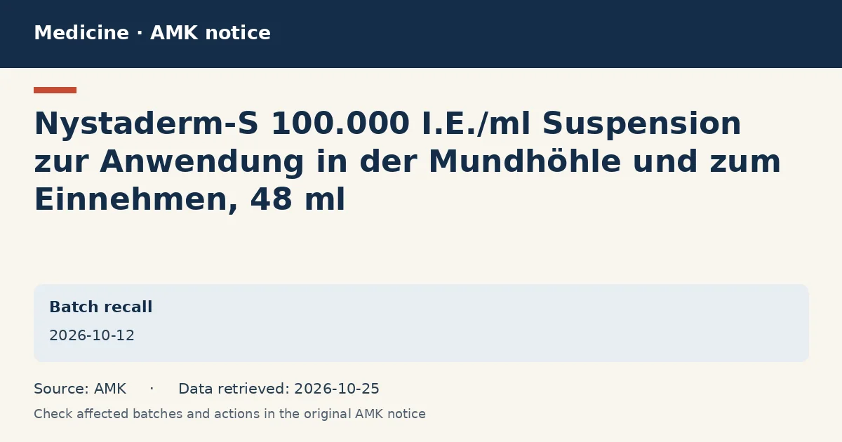 Nystaderm-S 100.000 I.E./ml Suspension zur Anwendung in der Mundhöhle und zum Einnehmen, 48 ml: AMK notice data card dated 2026-10-12 Nystaderm-S 100.000 I.E./ml Suspension zur Anwendung in der Mundhöhle und zum Einnehmen, 48 ml: AMK notice data card dated 2026-10-12