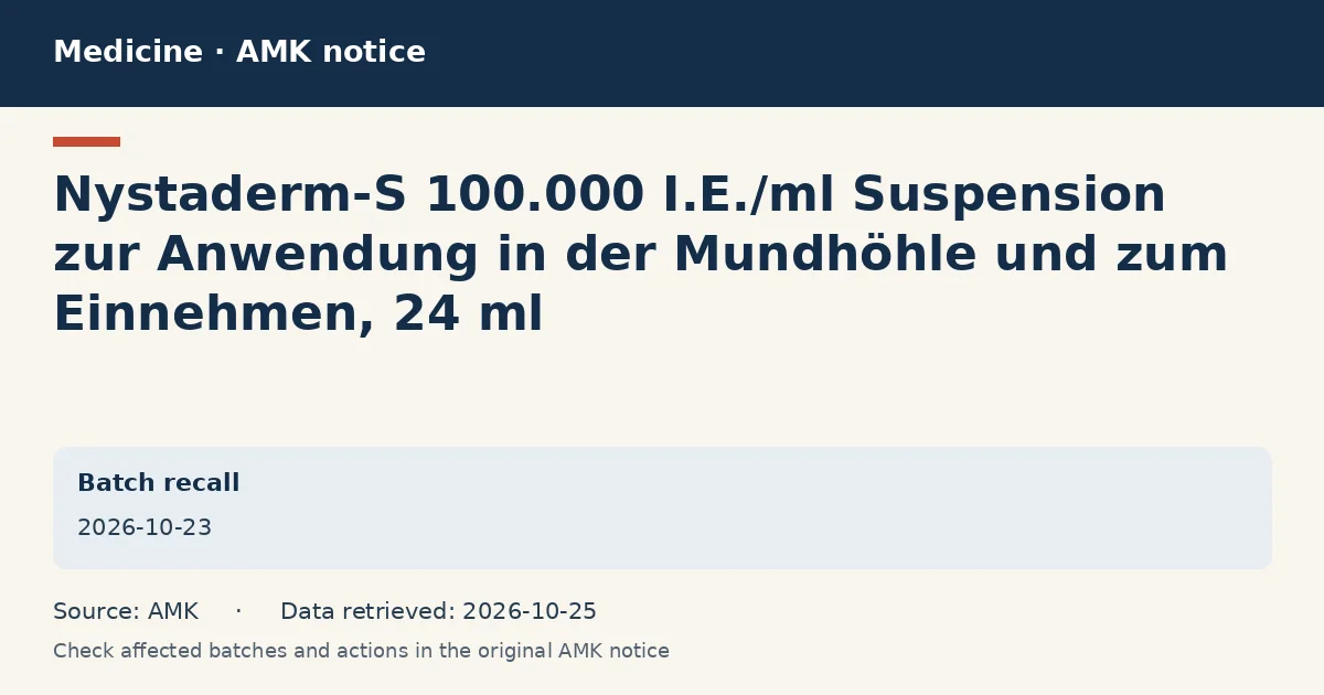 Nystaderm-S 100.000 I.E./ml Suspension zur Anwendung in der Mundhöhle und zum Einnehmen, 24 ml: AMK notice data card dated 2026-10-23 Nystaderm-S 100.000 I.E./ml Suspension zur Anwendung in der Mundhöhle und zum Einnehmen, 24 ml: AMK notice data card dated 2026-10-23