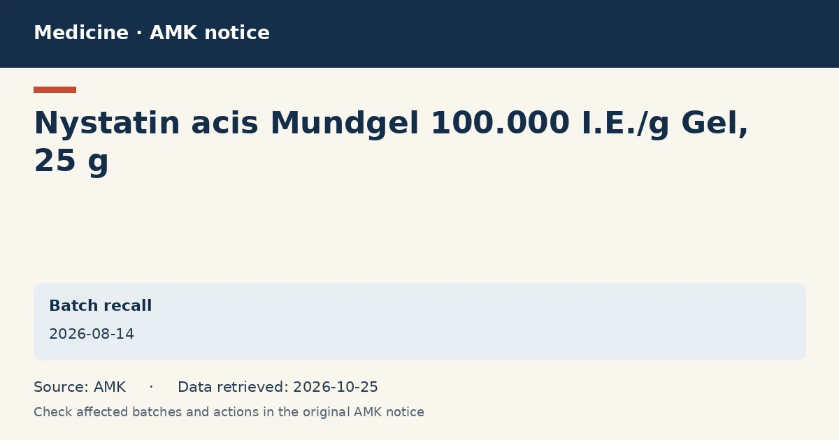Nystatin acis Mundgel 100.000 I.E./g Gel, 25 g: AMK notice data card dated 2026-08-14 Nystatin acis Mundgel 100.000 I.E./g Gel, 25 g: AMK notice data card dated 2026-08-14