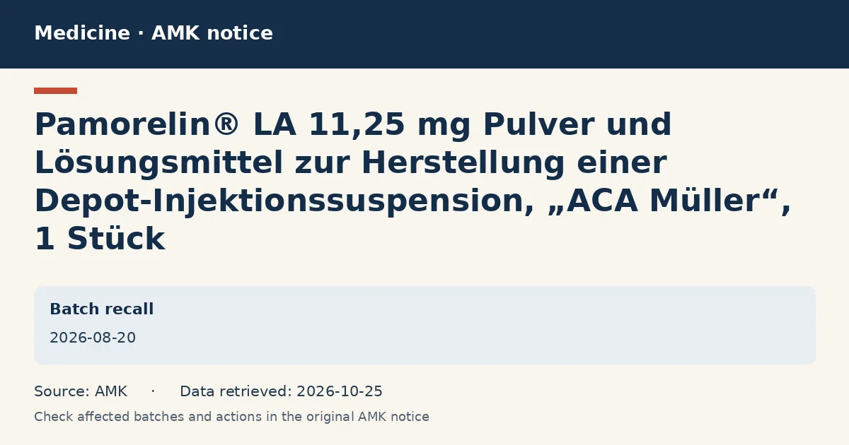 Pamorelin® LA 11,25 mg Pulver und Lösungsmittel zur Herstellung einer Depot-Injektionssuspension, „ACA Müller“, 1 Stück: AMK notice data card dated 2026-08-20 Pamorelin® LA 11,25 mg Pulver und Lösungsmittel zur Herstellung einer Depot-Injektionssuspension, „ACA Müller“, 1 Stück: AMK notice data card dated 2026-08-20