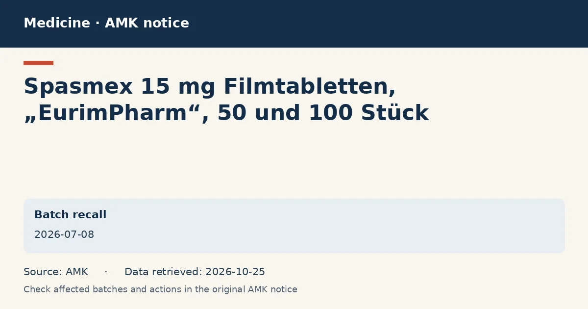 Spasmex 15 mg Filmtabletten, „EurimPharm“, 50 und 100 Stück: AMK notice data card dated 2026-07-08 Spasmex 15 mg Filmtabletten, „EurimPharm“, 50 und 100 Stück: AMK notice data card dated 2026-07-08