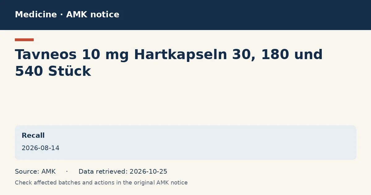 Tavneos 10 mg Hartkapseln 30, 180 und 540 Stück: AMK notice data card dated 2026-08-14
