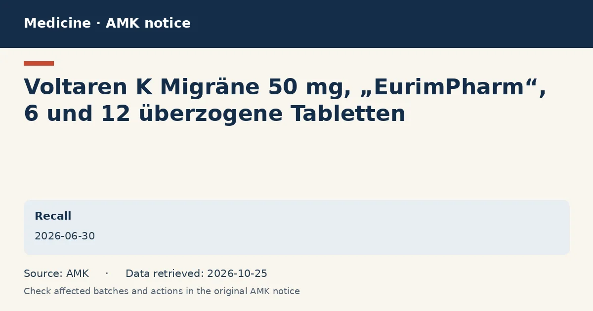 Voltaren K Migräne 50 mg, „EurimPharm“, 6 und 12 überzogene Tabletten: AMK notice data card dated 2026-06-30