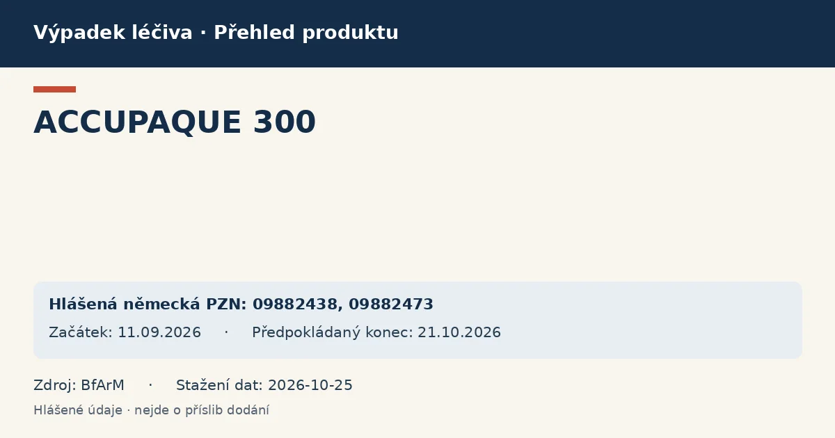 ACCUPAQUE 300: přehled německého výpadku s hlášenými baleními a obdobím (BfArM) ACCUPAQUE 300: přehled německého výpadku s hlášenými baleními a obdobím (BfArM)