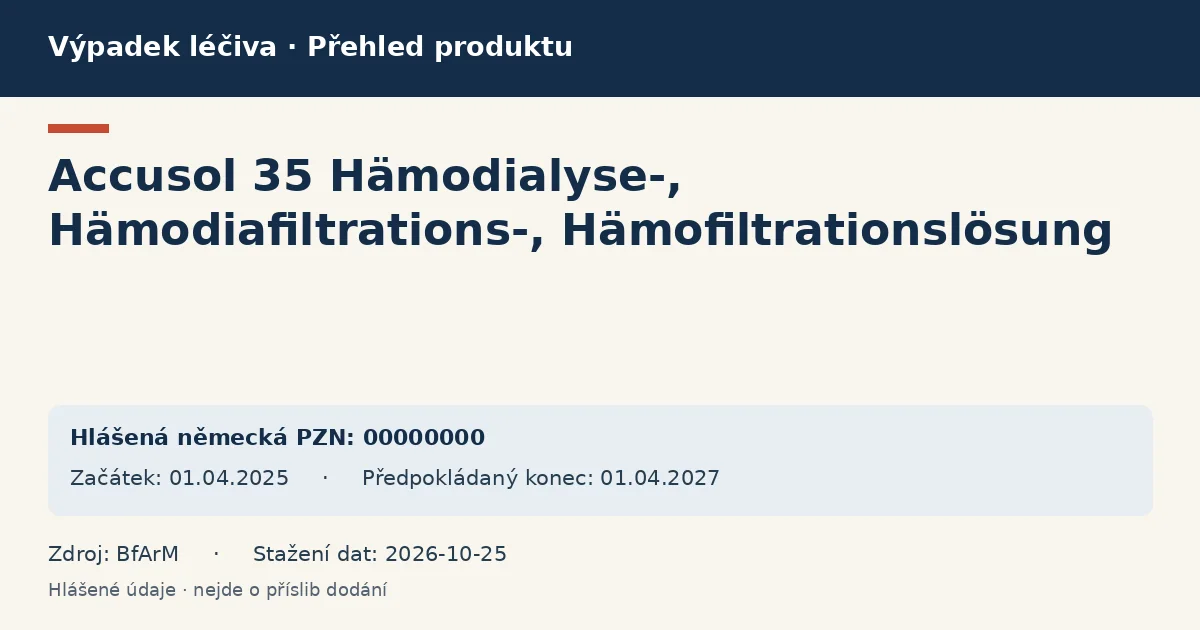 Accusol 35 Hämodialyse-, Hämodiafiltrations-, Hämofiltrationslösung: přehled německého výpadku s hlášenými baleními a obdobím (BfArM) Accusol 35 Hämodialyse-, Hämodiafiltrations-, Hämofiltrationslösung: přehled německého výpadku s hlášenými baleními a obdobím (BfArM)