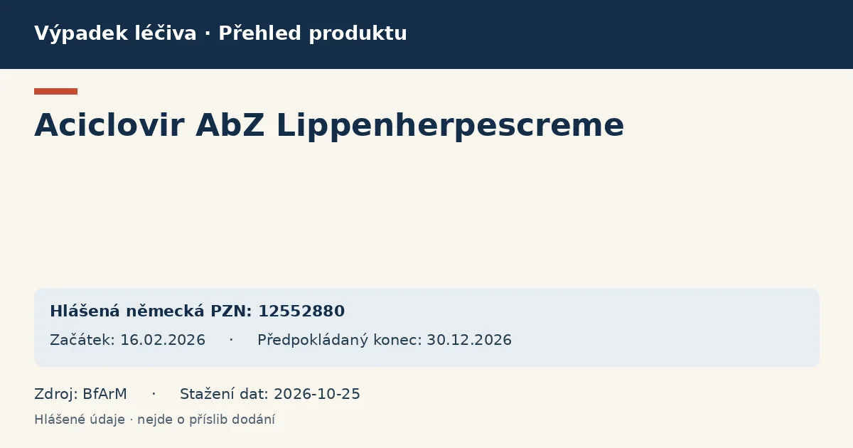 Aciclovir AbZ Lippenherpescreme: přehled německého výpadku s hlášenými baleními a obdobím (BfArM)