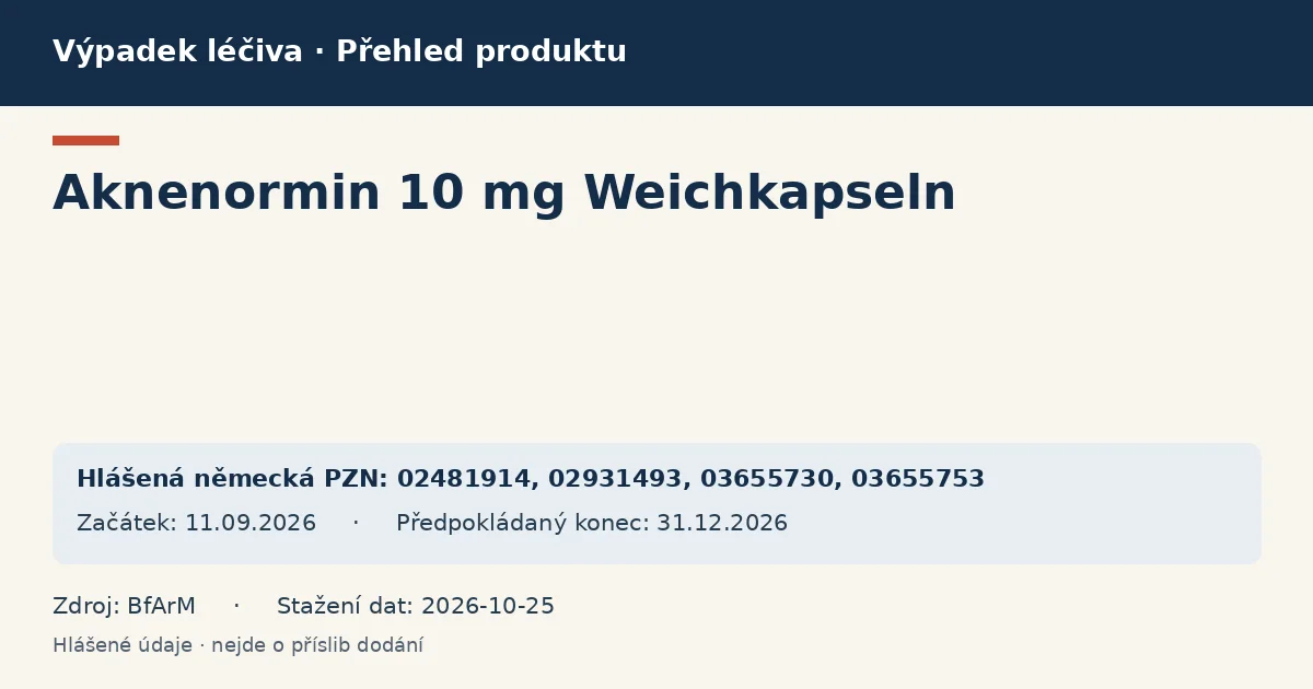 Aknenormin 10 mg Weichkapseln: přehled německého výpadku s hlášenými baleními a obdobím (BfArM) Aknenormin 10 mg Weichkapseln: přehled německého výpadku s hlášenými baleními a obdobím (BfArM)