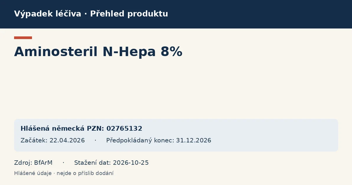 Aminosteril N-Hepa 8%: přehled německého výpadku s hlášenými baleními a obdobím (BfArM)