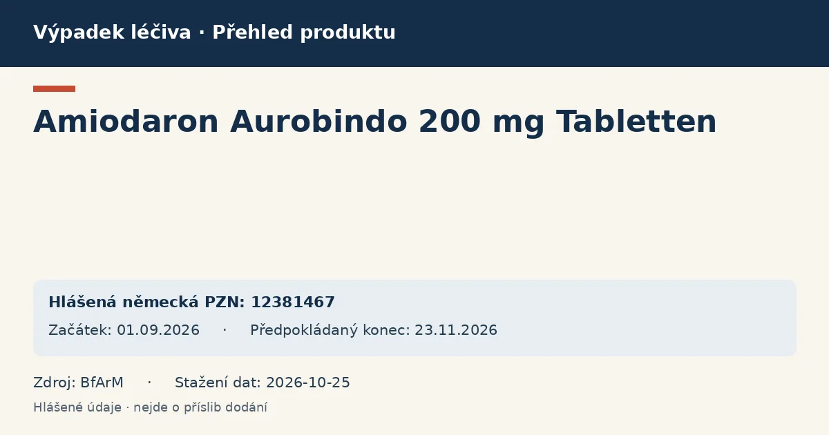 Amiodaron Aurobindo 200 mg Tabletten: přehled německého výpadku s hlášenými baleními a obdobím (BfArM)