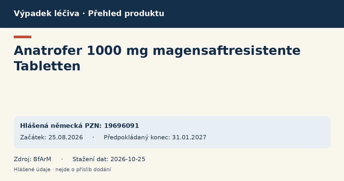 Anatrofer 1000 mg magensaftresistente Tabletten: přehled německého výpadku s hlášenými baleními a obdobím (BfArM)