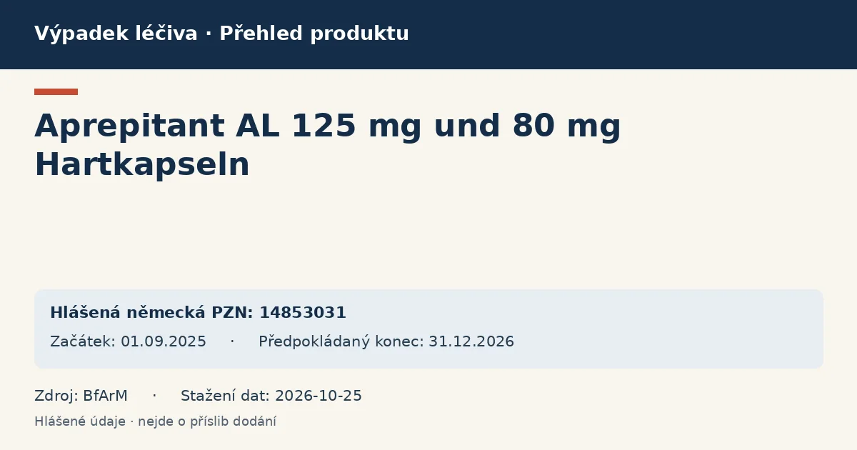 Aprepitant AL 125 mg und 80 mg Hartkapseln: přehled německého výpadku s hlášenými baleními a obdobím (BfArM)