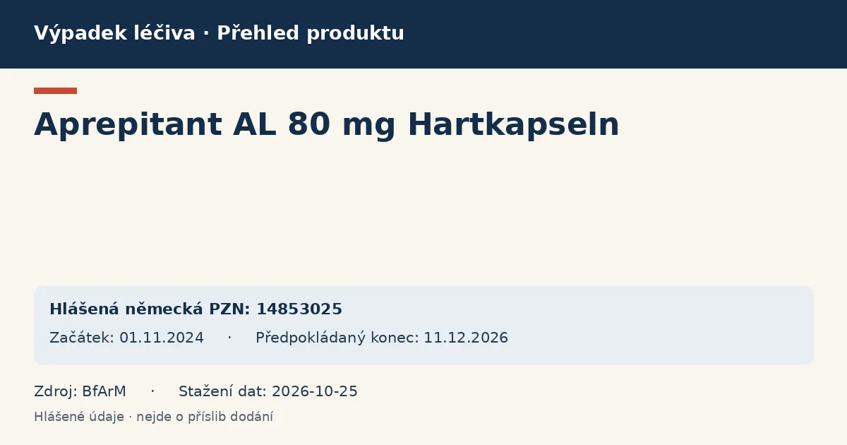 Aprepitant AL 80 mg Hartkapseln: přehled německého výpadku s hlášenými baleními a obdobím (BfArM) Aprepitant AL 80 mg Hartkapseln: přehled německého výpadku s hlášenými baleními a obdobím (BfArM)